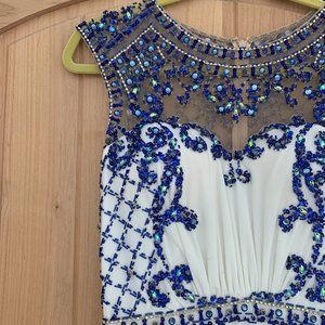 Royal Blue and White Jeweled Prom Dress with Train